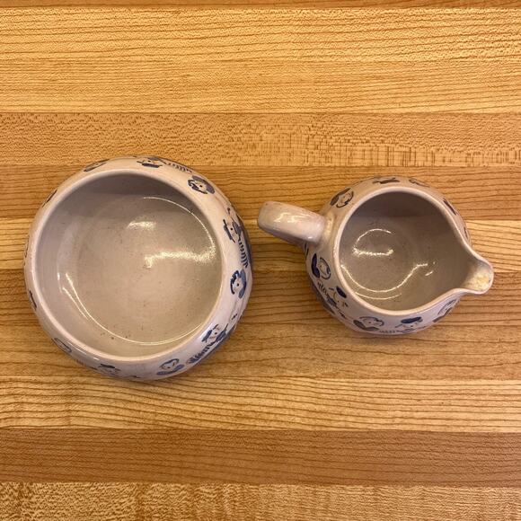 Hand Painted Blue & White Dutch Maidens Creamer and Sugar Bowl Set Artist Signed - Picture 3 of 6